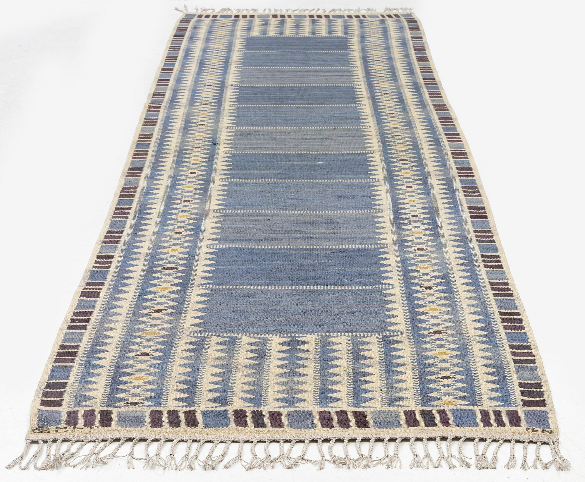 Barbro Nilsson, a runner, 'Salerno blå', flat weave, c. 419 x 122 cm, signed AB MMF.