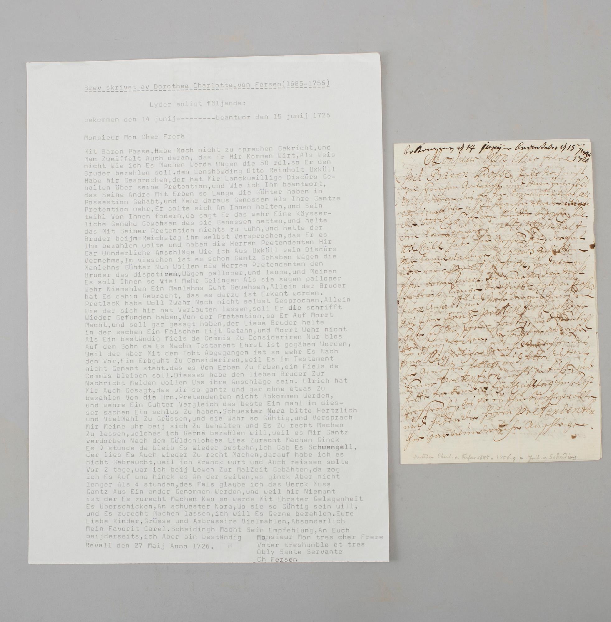 LETTER / MANUSCRIPTS, 7 st, members of the family von Fersen.