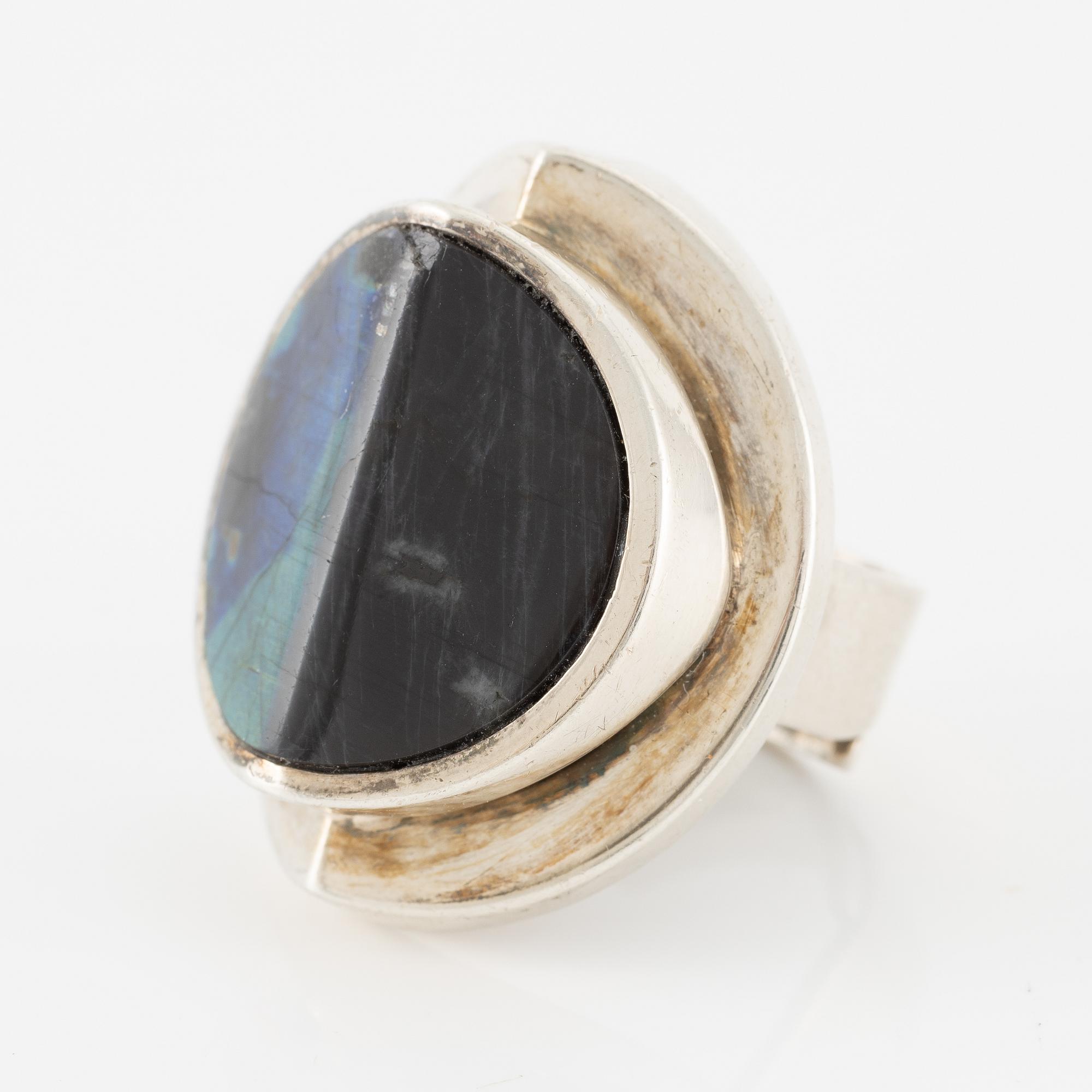 Jorma Laine, ring, silver and spectrolite, Turun Hopea, Turku, Finland 1973.