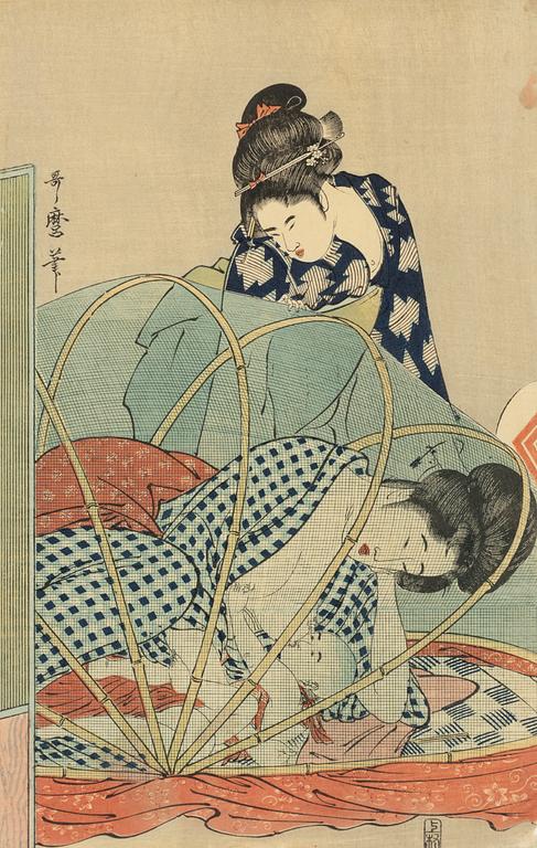 Kitagawa Utamaro, after, two colour woodblock prints, Japan, first half of the 20th century.