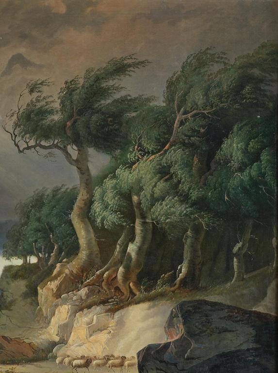 Okänd konstnär, 1800-tal, Oväderslandskap med herdinna och får.