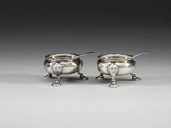 A pair of English 18th century silver salts, makers mark of Edward Wood, London 1749.