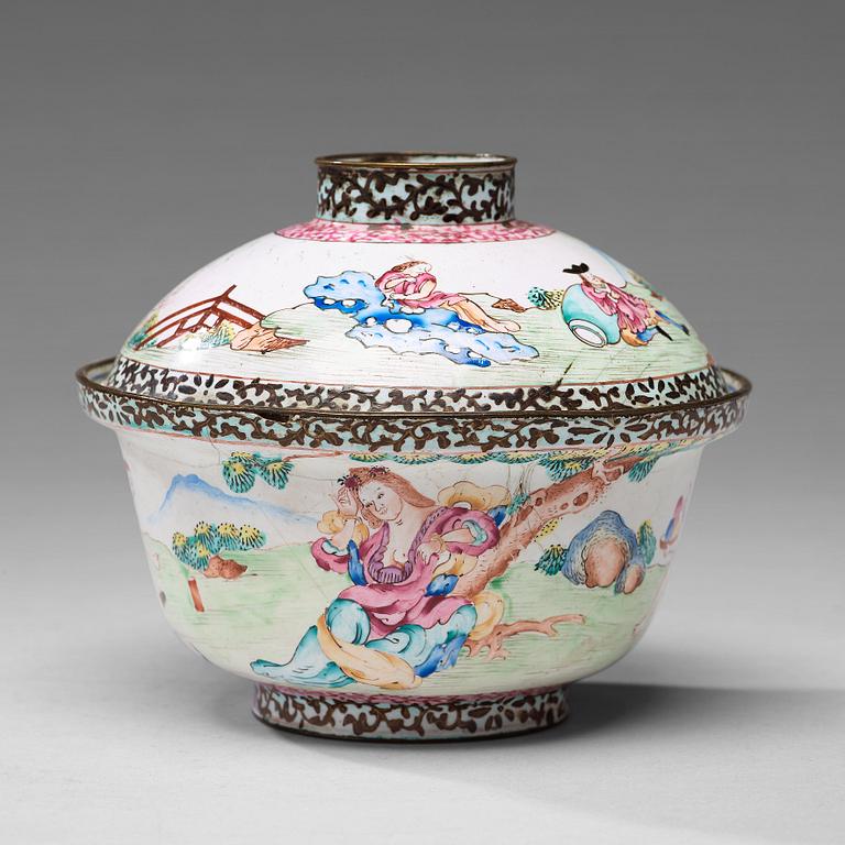 An enamelled 'European Subject' cup with cover, Qing dynasty, 18th Century.