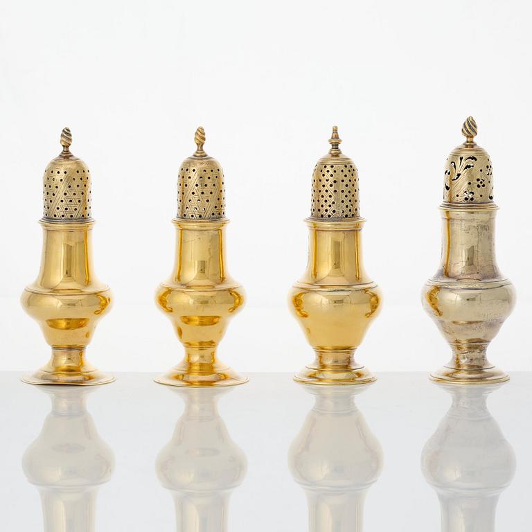 Four English 18th century silver-gilt caster-cruet, one pair marked Thomas Shepherd, 1790, one John Delmester 1760,