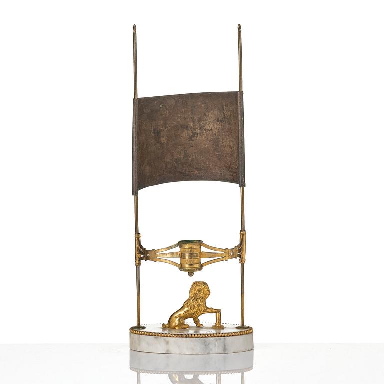 A late Gustavian gilt brass, marble and tole reading lamp, late 18th century.