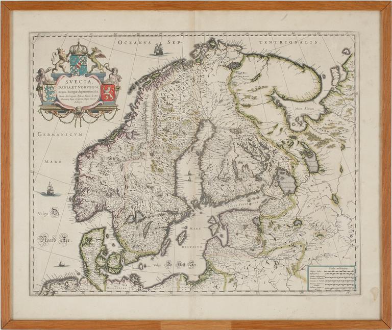 KARTA, handkolorerad, Andreae Buraei de Boo, efter, "Svecia, Dania et Norvegia, (1571-1646). 1700-tal.