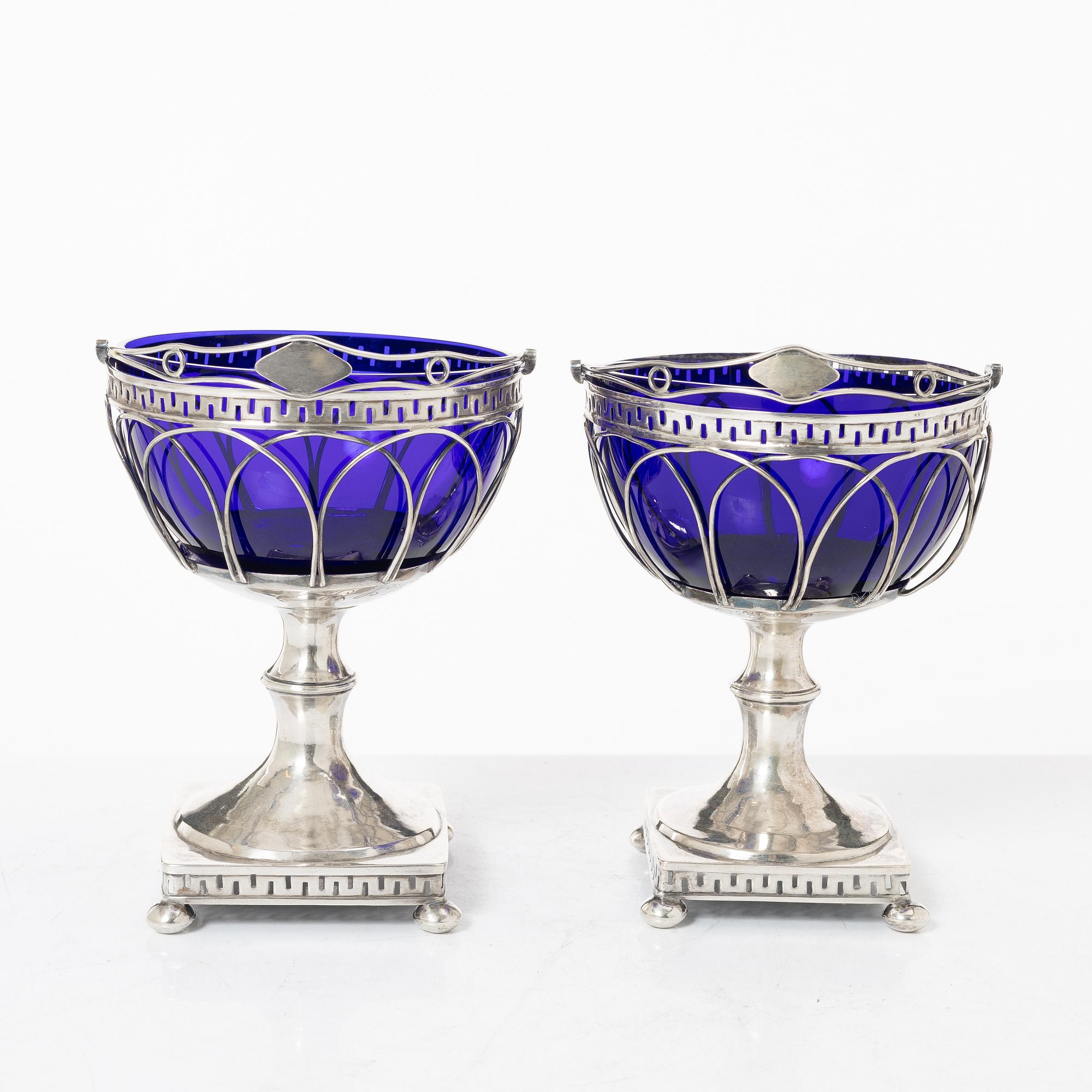 Fredrik Nymansson, a pair of confectionery bowls in silver and blue glass, Kristinehamn, Sweden, 1817.