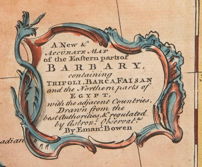 Emanuel Bowen, karta Medelhavet Nordafrika, handkolorerat kopparstick, London 1744.
