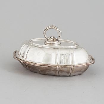 A silver plated lidded pan.