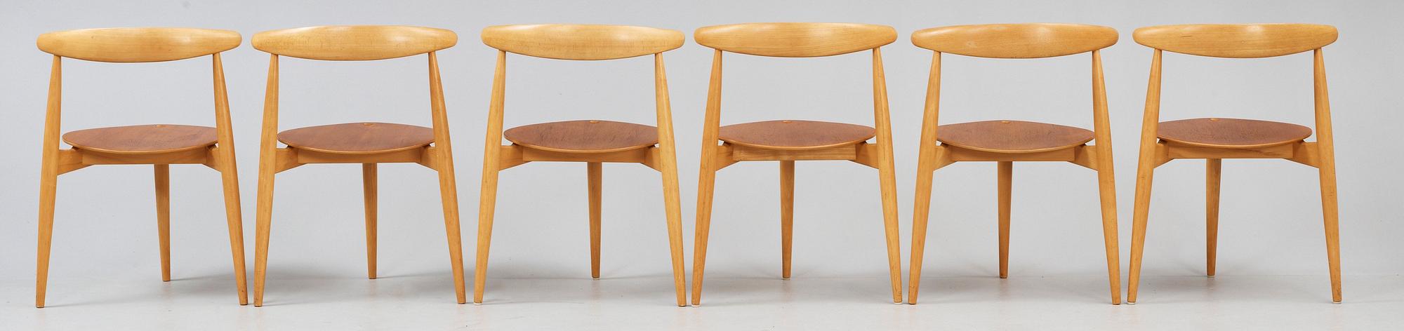 HANS J WEGNER, matgrupp, 6 st "Hjertestolen" och bord, Fritz Hansen, Danmark ca 1963.