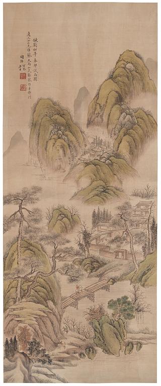 Zhang Qing (Tianma Shanmin), Bergslandskap med byggnader och figurstaffage.