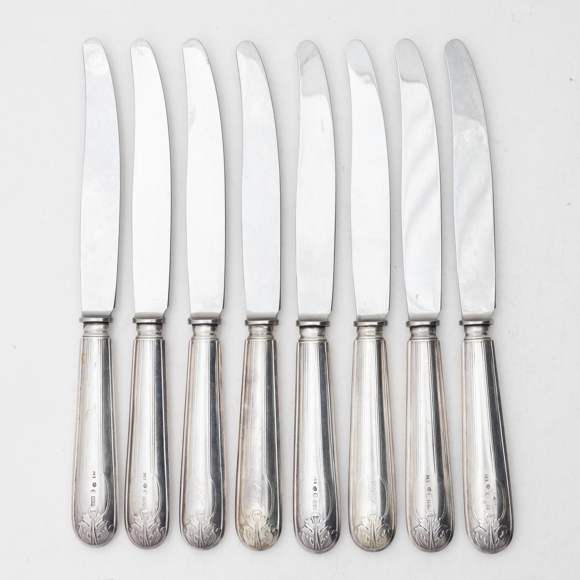 Eight Swedish silver dinner knives, mark of Johan Fredrik Björnstedt, Stockholm 1818.