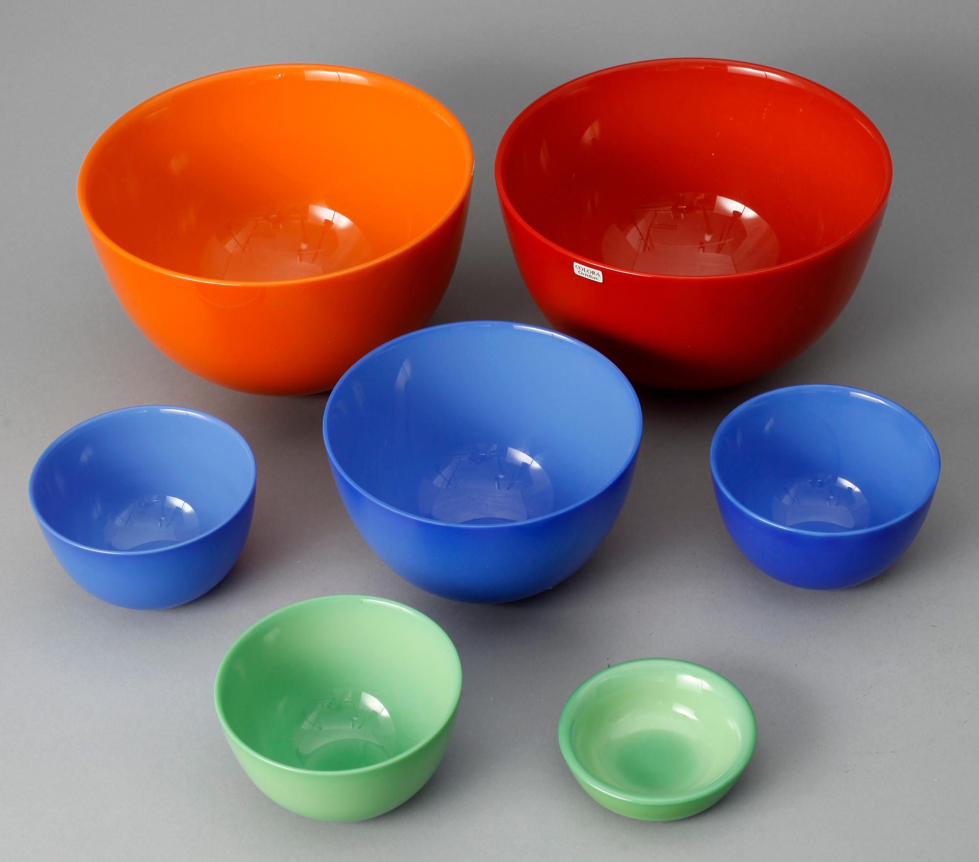 SKÅLAR, 7 st. Glas, "Colora", Sven Palmqvist, Orrefors.