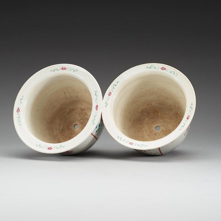 A pair of famille rose flower pots, Republic, first half of 20th Century, with Qianlong four character mark.