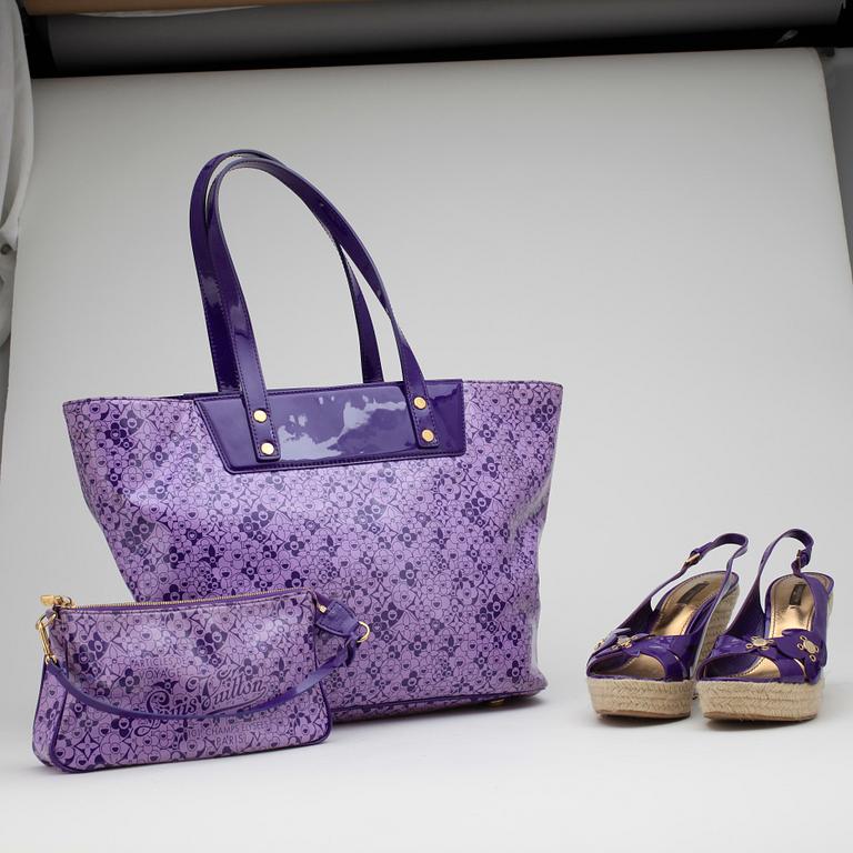 LOUIS VUITTON, a purple beach ensemble consisiting of a tunic, sandalettes, and two bags.