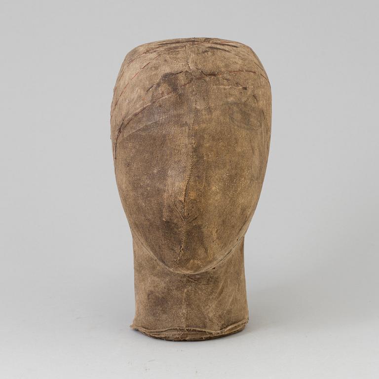 A 19TH CENTURY WIG STAND, covered in linen.