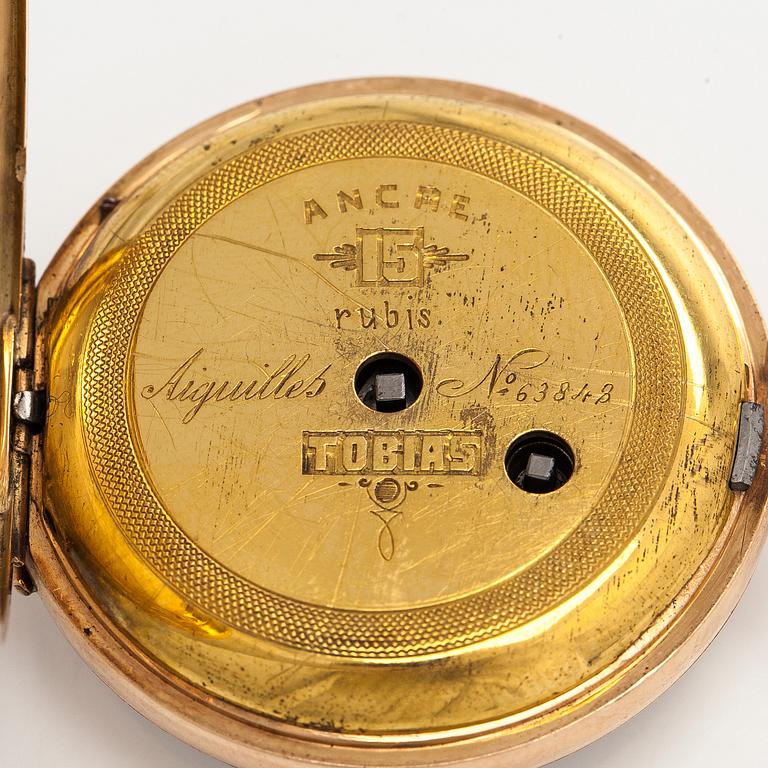 Pocket watch, Tobias, 34 mm, 14K gold, lever escapement, plastic crystal.