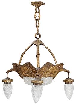 An Art Nouveau patinated brass ceiling lamp, attributed to Alice Nordin, by Böhlmarks, Stockholm 1910's-20's.