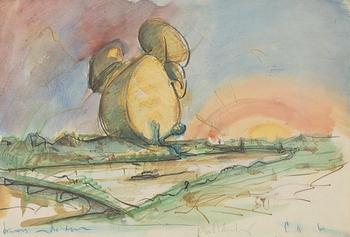 Claes Oldenburg, "Proposec Colossal Monument for Battersea Park, Lindon, Drum Set 1966".