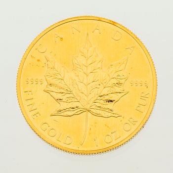 A GOLD COIN, 999 gold, 50 dollars, Elizabeth II, Canada, 1990.