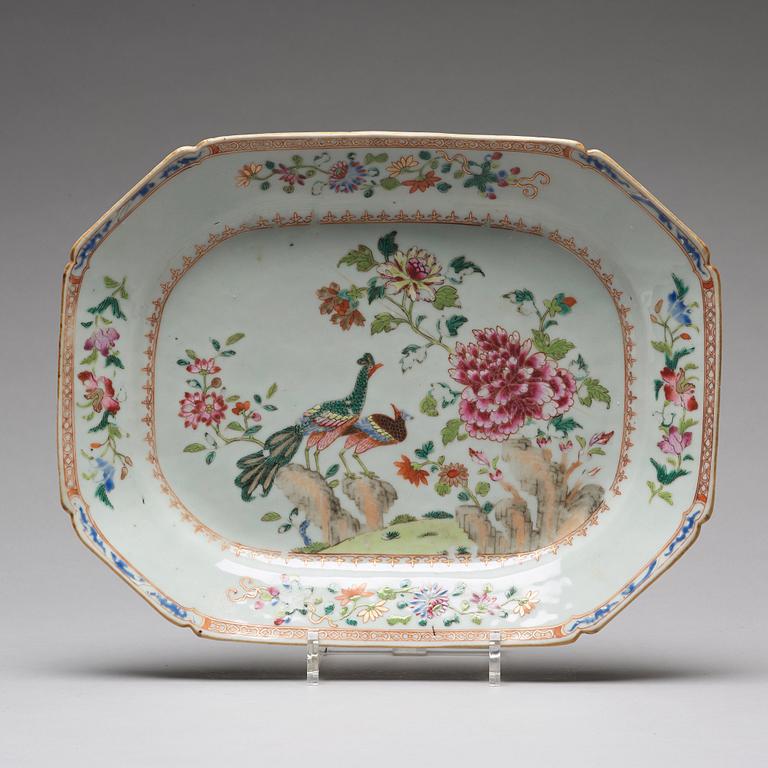 A pair of famille rose 'double peacock' serving dishes, Qing dynasty, Qianlong (1736-95).