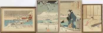 Ando Hiroshige, delvis efter, tre träsnitt samt Gekko "Elegant dam spelandes instrument".