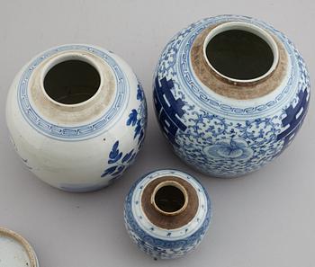 A set of three odd blue and white jars, late Qing dynasty, 19th Century.