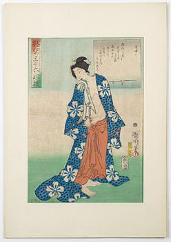 A group of six Japanese woodblock prints, including works by Utagawa Kunisada.