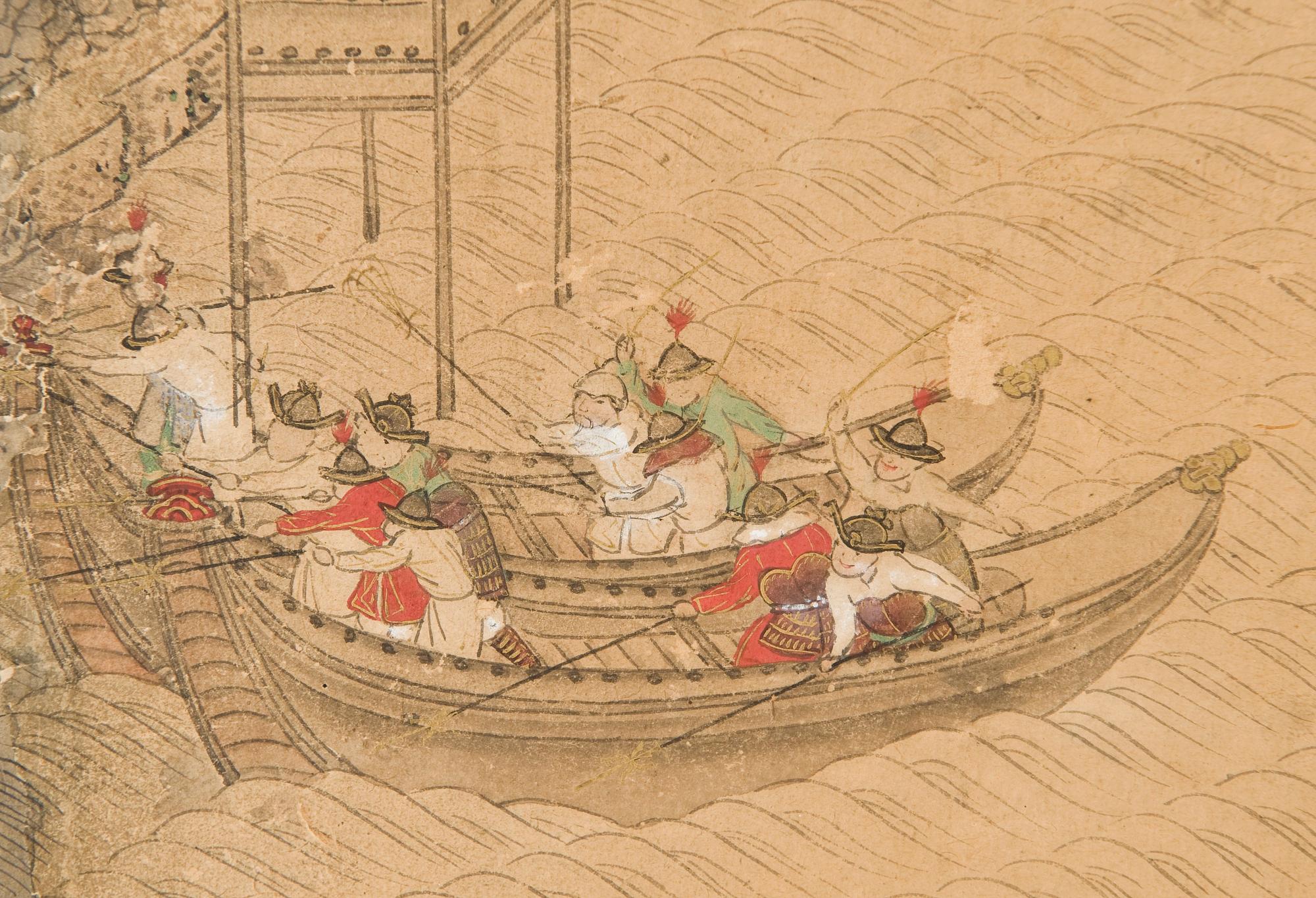 VIKSKÄRM, sex delar, tusch och akvarell på papper. Okänd Japansk konstnär, troligen 1600-tal.