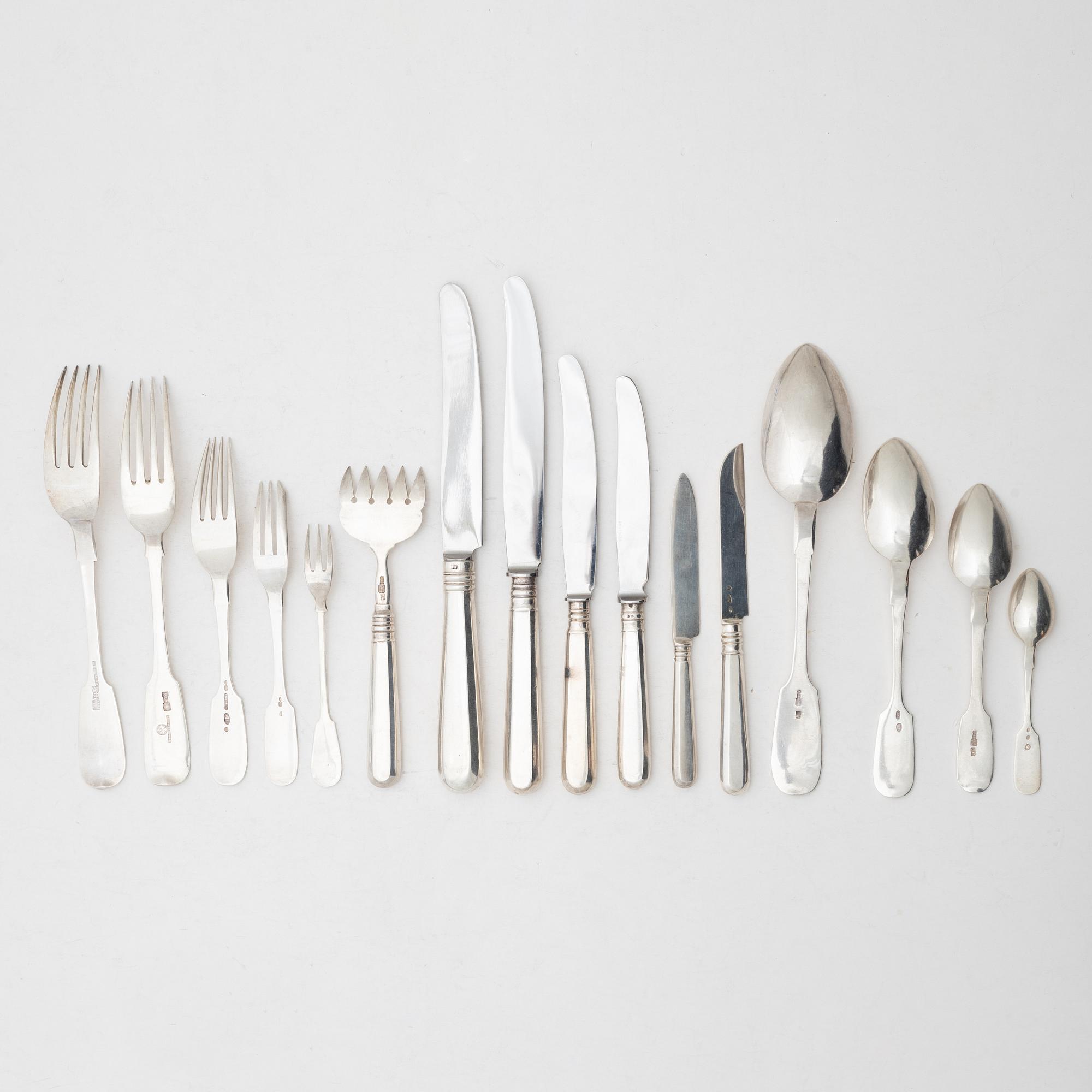 Cutlery set, 88 pieces, silver, mostly Russia, Estonia, including mark of Pawel Akimow Owtschinnikow, Moscow 1874.