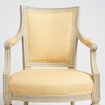 A matched pair of Gustavian armchairs, one signed by Johan Lindgren Stockholm.