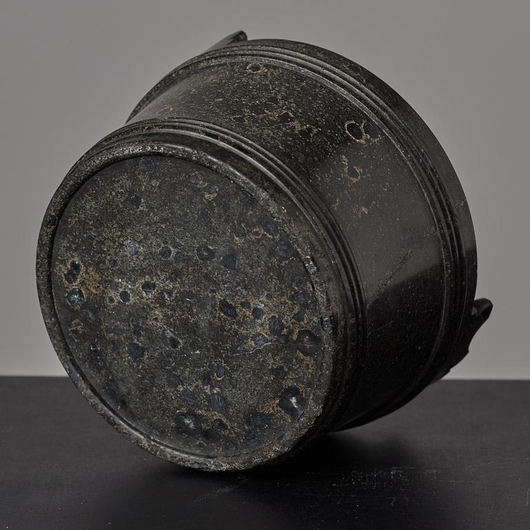 A serpentine stone butter box and cover circa 1800.