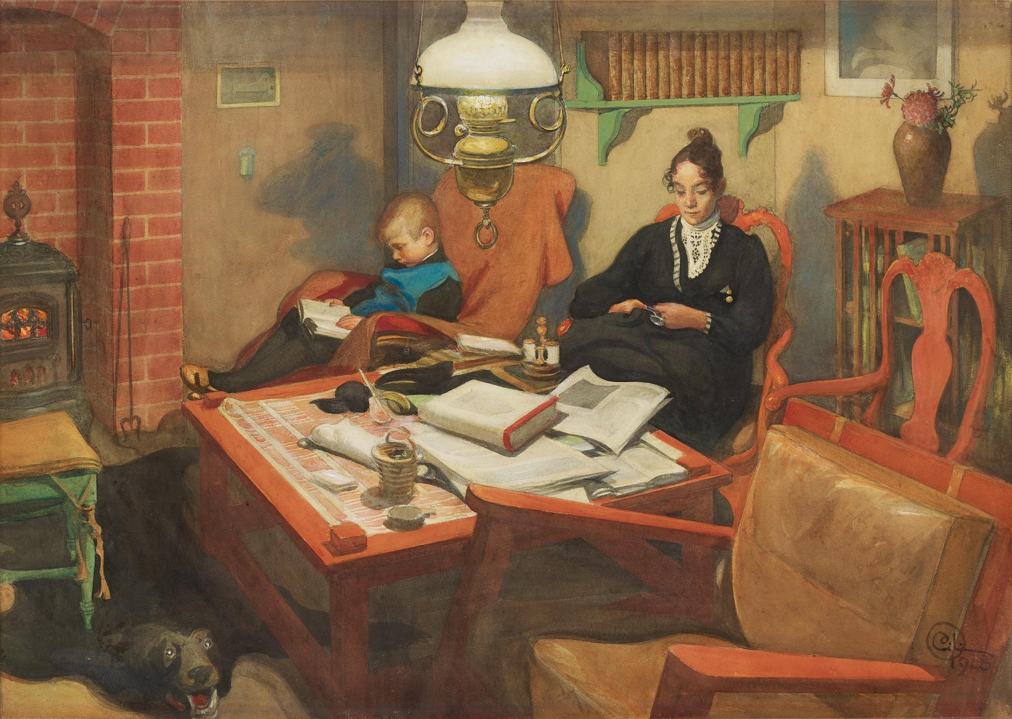 Carl Larsson, ”Vid aftonlampan” / ”Strax före sovdags”.