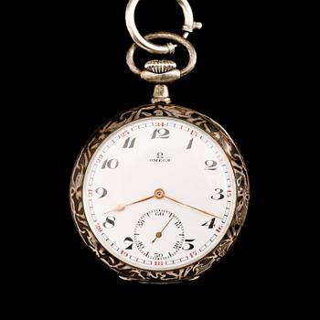 FICKUR, silver, Omega, omkring år 1900. Total vikt ca 98 g.