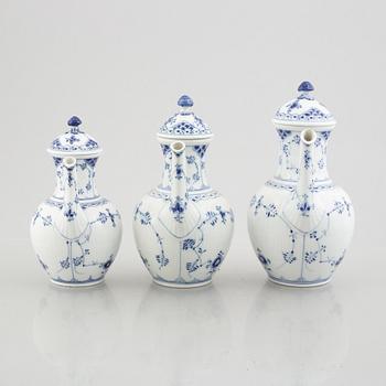 A set of three Royal Copenhagen Musselmalet half lace coffee pots with covers, Denmark, 20th century.