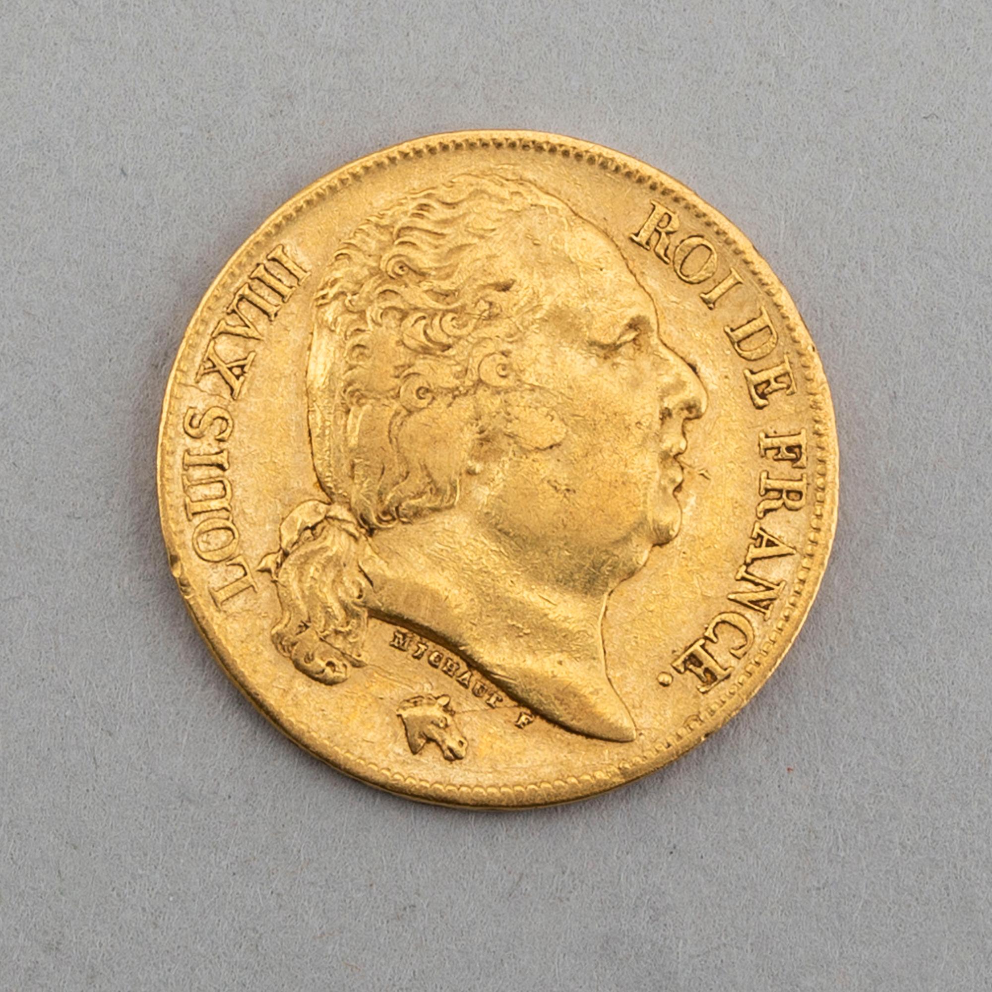 A 1820 gold coin, 20 francs, Louis XVIII, ref KM#712.1.