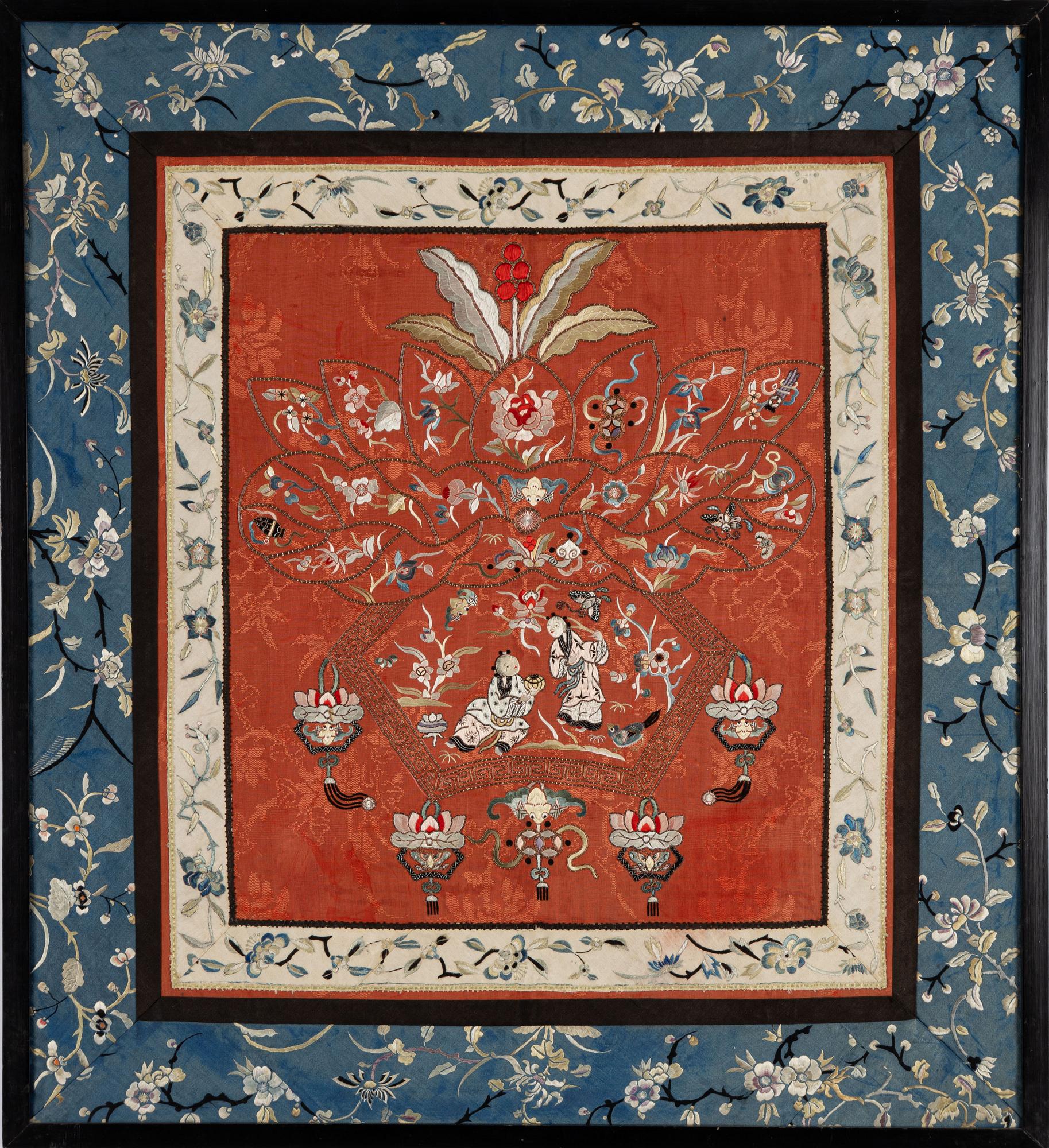 A Chinese silk embroidery. Qing dynasty.