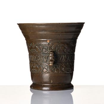 A Swedish late baroque bronze mortar and pestle, dated 1759.
