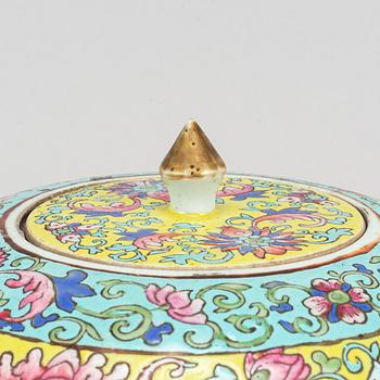 A yellow ground famille rose lotus jar, China, early 20th Century.