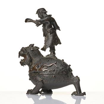 A bronze censer and cover in the shape of  Liu Haichan on the three legged toad, Qing dynasty.