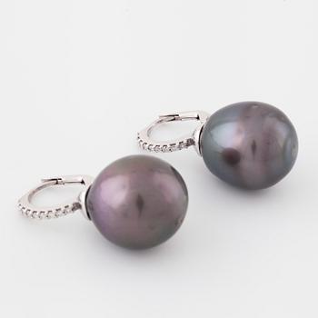 ÖRHÄNGEN, med odlade Tahitipärlor och briljantslipade diamanter totalt ca 0.18 ct.