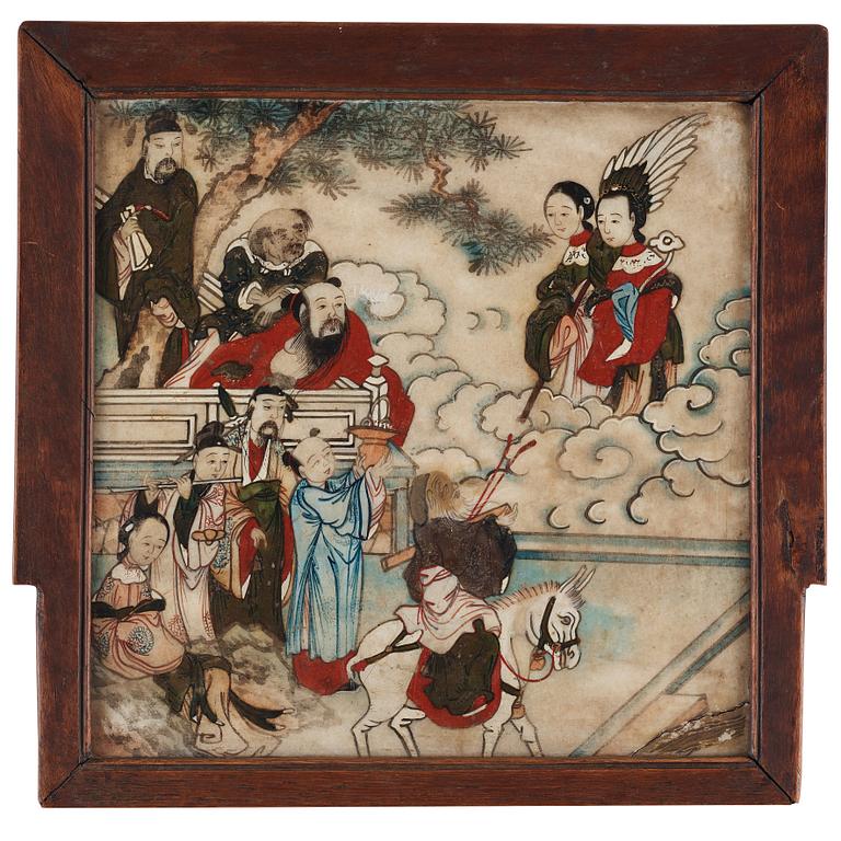 A painted stone placque for a table screen, depicting daoist immortals avaiting the arrival of Xi Wangmu, Qing dynasty.