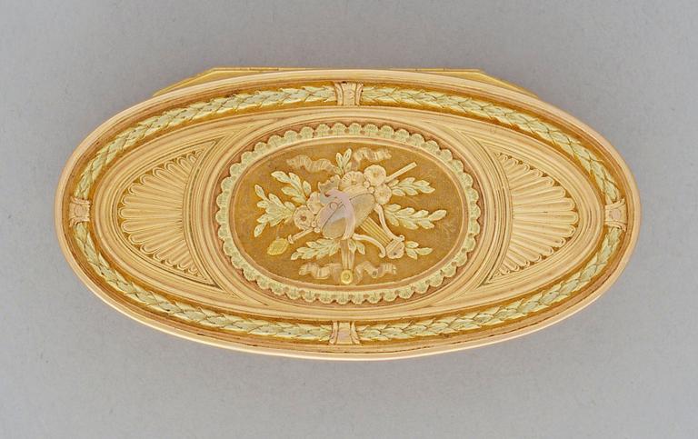 DOSA, guld 20k, en deux couleurs, oläslig mästarstämpel, Paris, kontrollör Julien Alaterre 1768-1774.