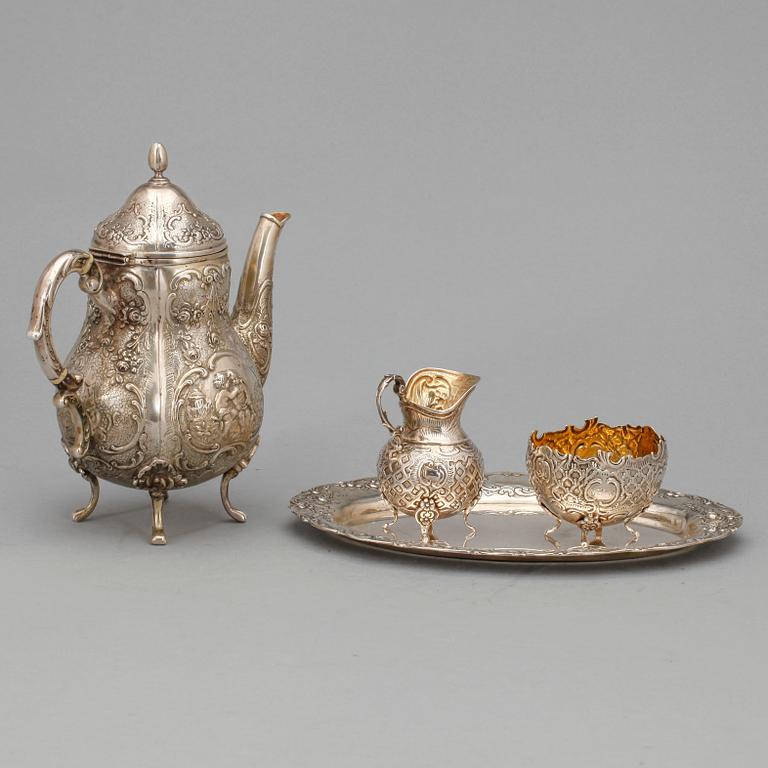 KAFFESERVIS, 4 delar, silver, rokokostil, bla Tyskland, svenska importstämplar. Tot ca 570 gram.