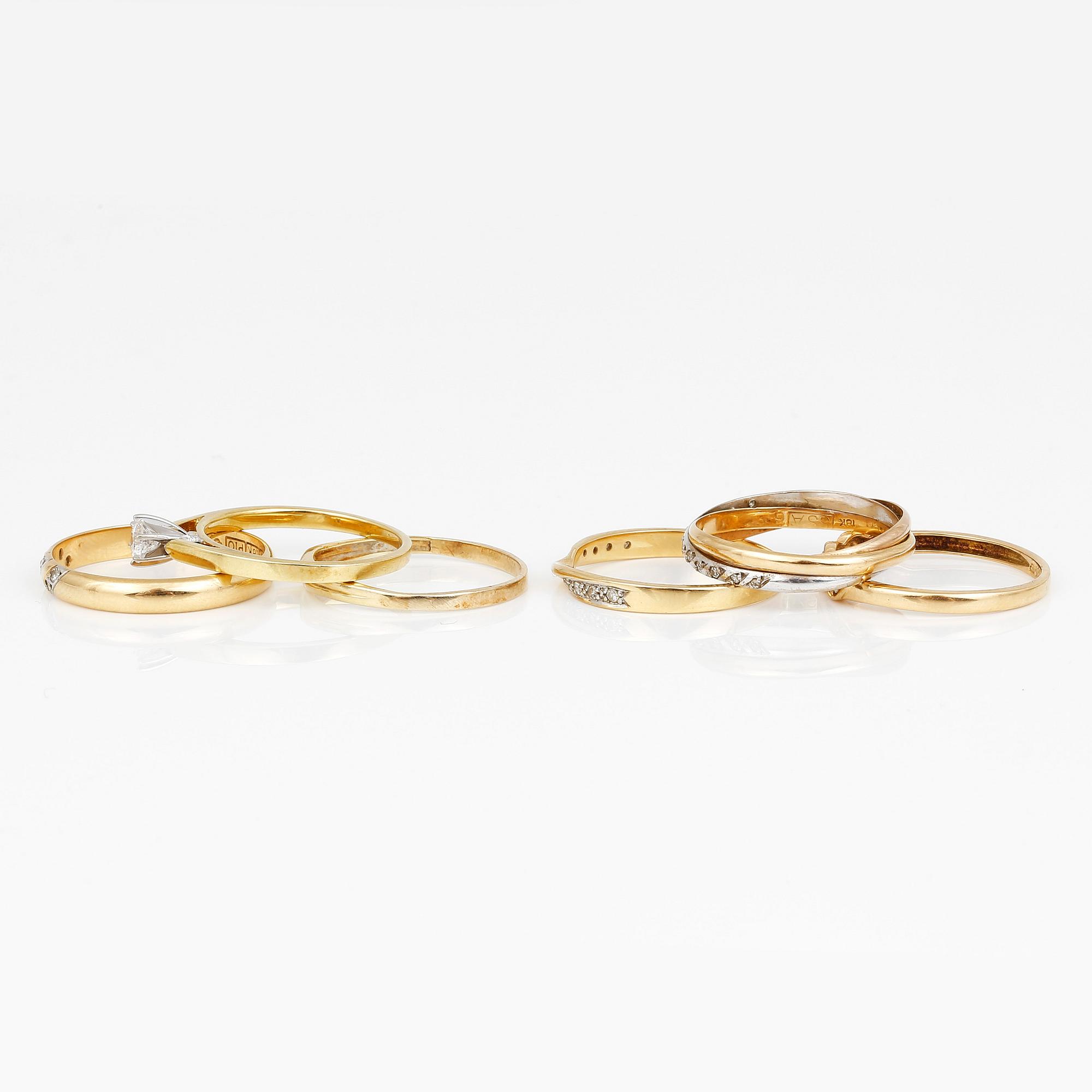 RINGAR, 6 st, mestadels 18K guld med olikslipade diamanter, tot ca 0,45 ct. Total vikt ca 11,68 g.