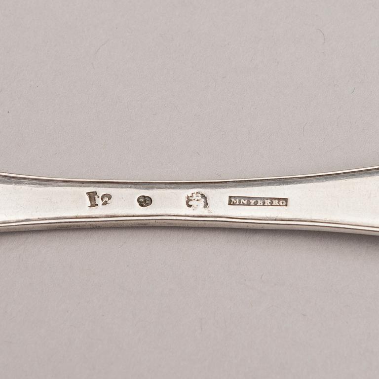 A set of four 18th-Century silver dinner forks, mark of Mikael Nyberg, Stockholm 1790-92.
