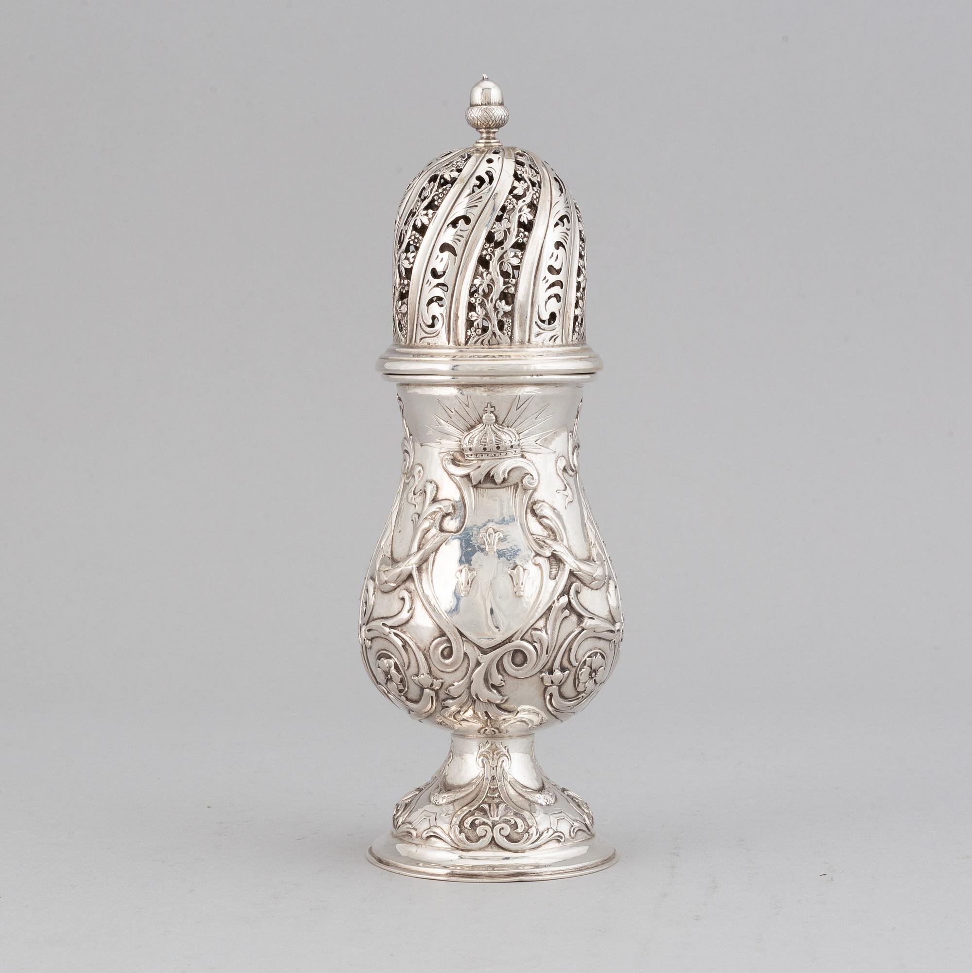 A French 19th/20th century silver sugar-caster. Rococo-style.