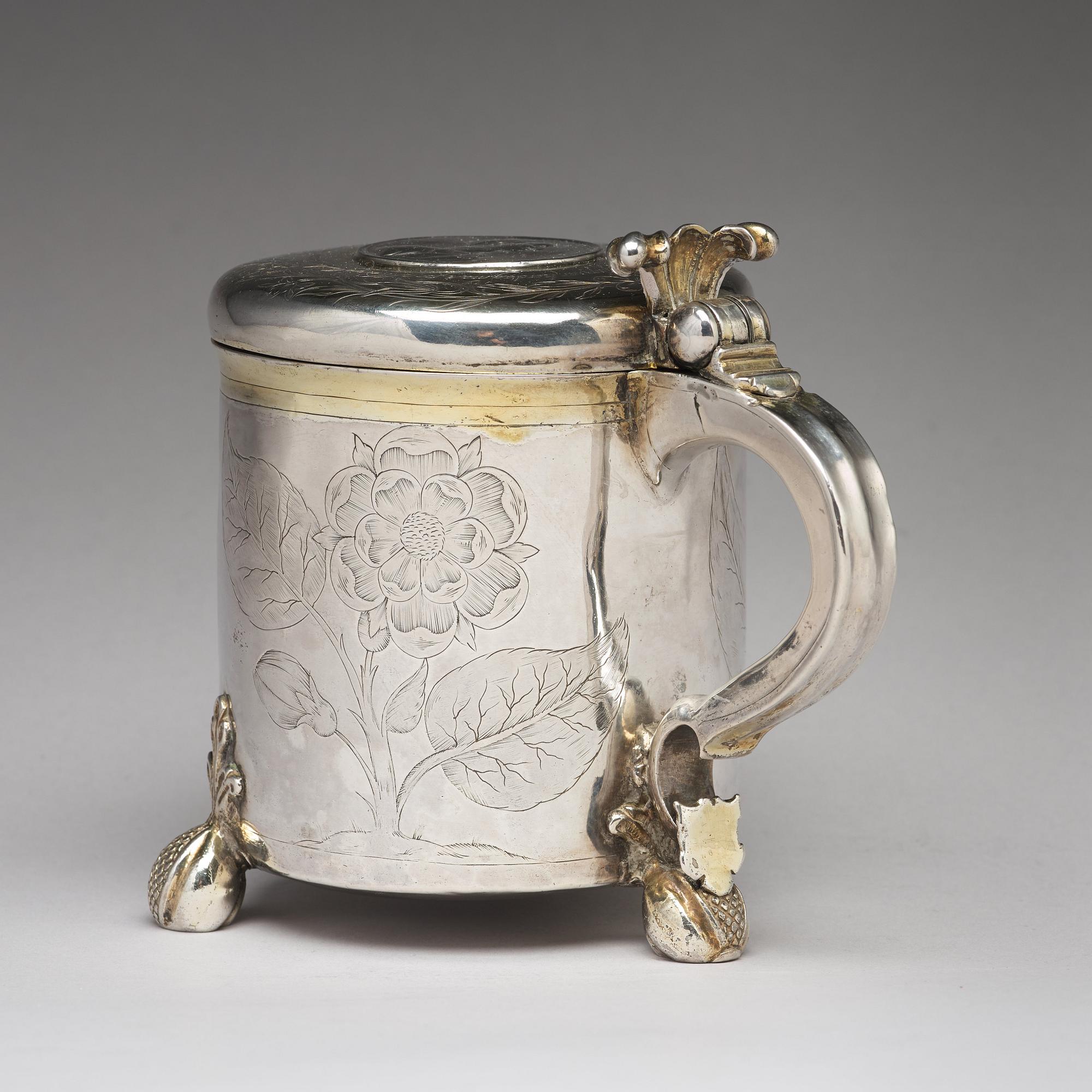 Lars Månsson, dryckeskanna, silver, (verksam i Lidköping -1639-1662-). Barock.