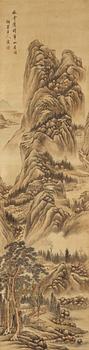 A hanging scroll of a landscape in the style of Wang Jian (1598-1677), late Qing dynasty (1644-1912).