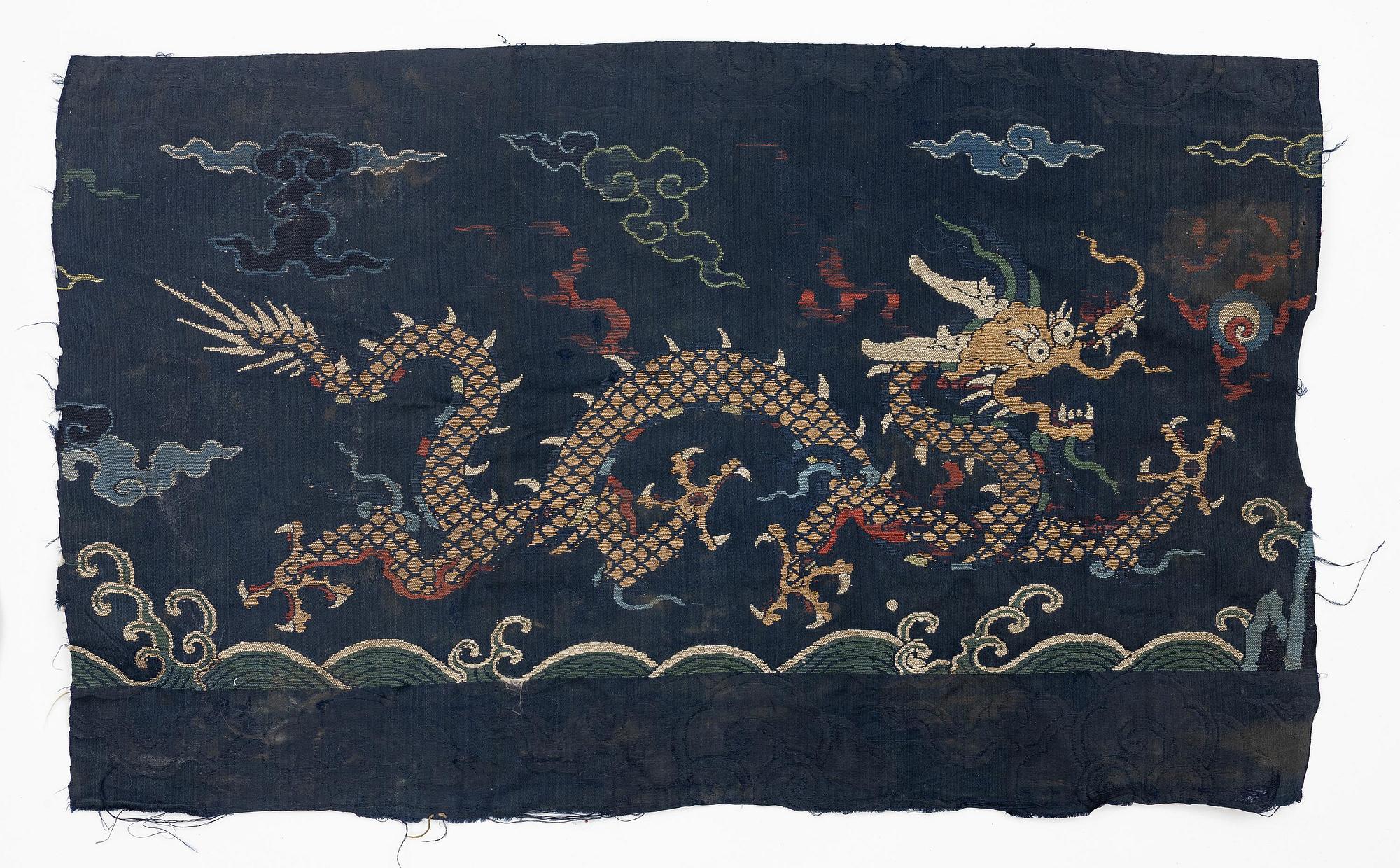Two silk brocade 'dragon' fragments, late Ming dynasty/early Qing dynasty.